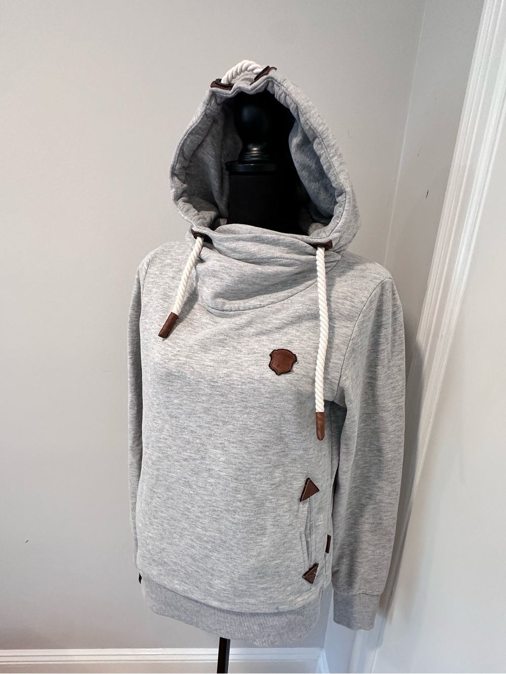 NWOT Naketano Heather gray SzL cowl neck rope drawstring leather appliqué hoodie